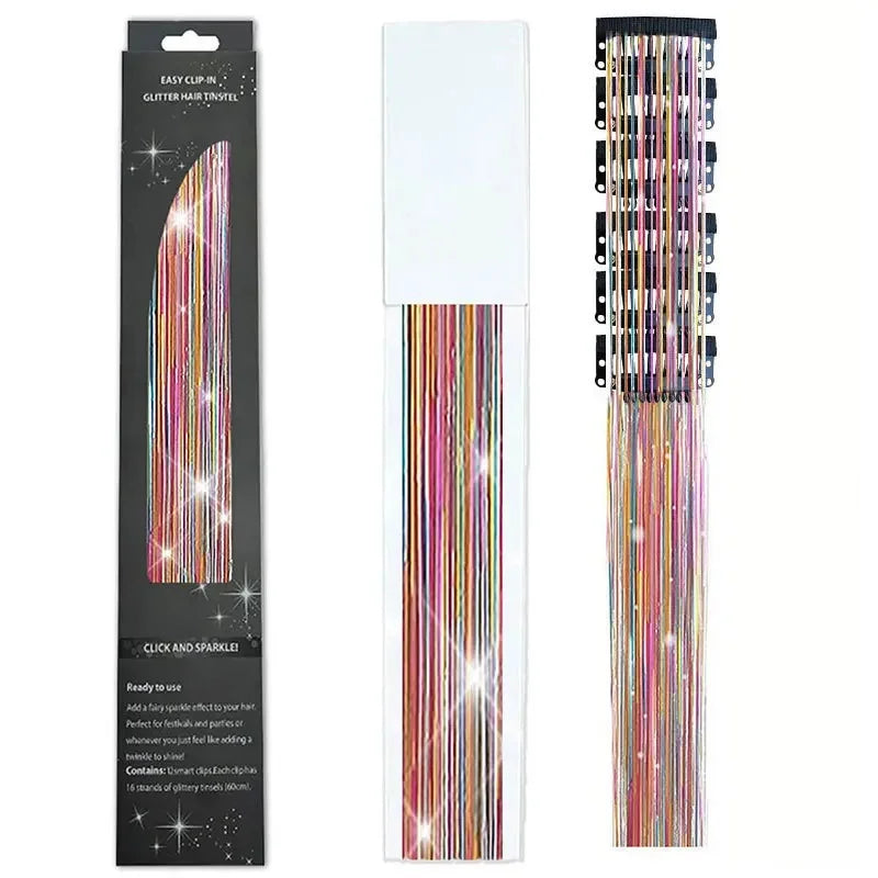 6-Piece Set BB Clip Tinsel Hair Metal Laser Gold Thread PET Laser Thread Highlighting Cross-Border Hair Accessories BB clip 7-color tassel (6 black boxed)