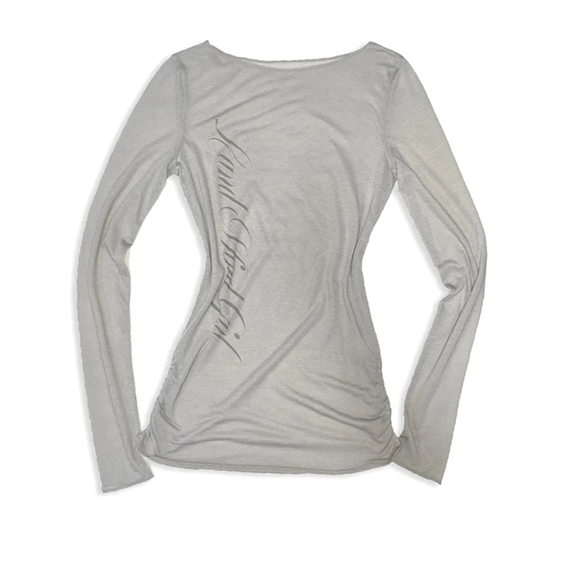 Gothic Harajuku Vintage Punk Emo Girls Long Sleeve Tee Sexy Slim Chic Printing Crop Tops Grunge Y2K Aesthetic Women's Streetwear GRAY