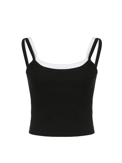 Contrast Fake Two-piece Crop Top Casual Patchwork Sleeveless Fashion Camis Vintage y2k Women Summer Tees Ladies Mini Vest