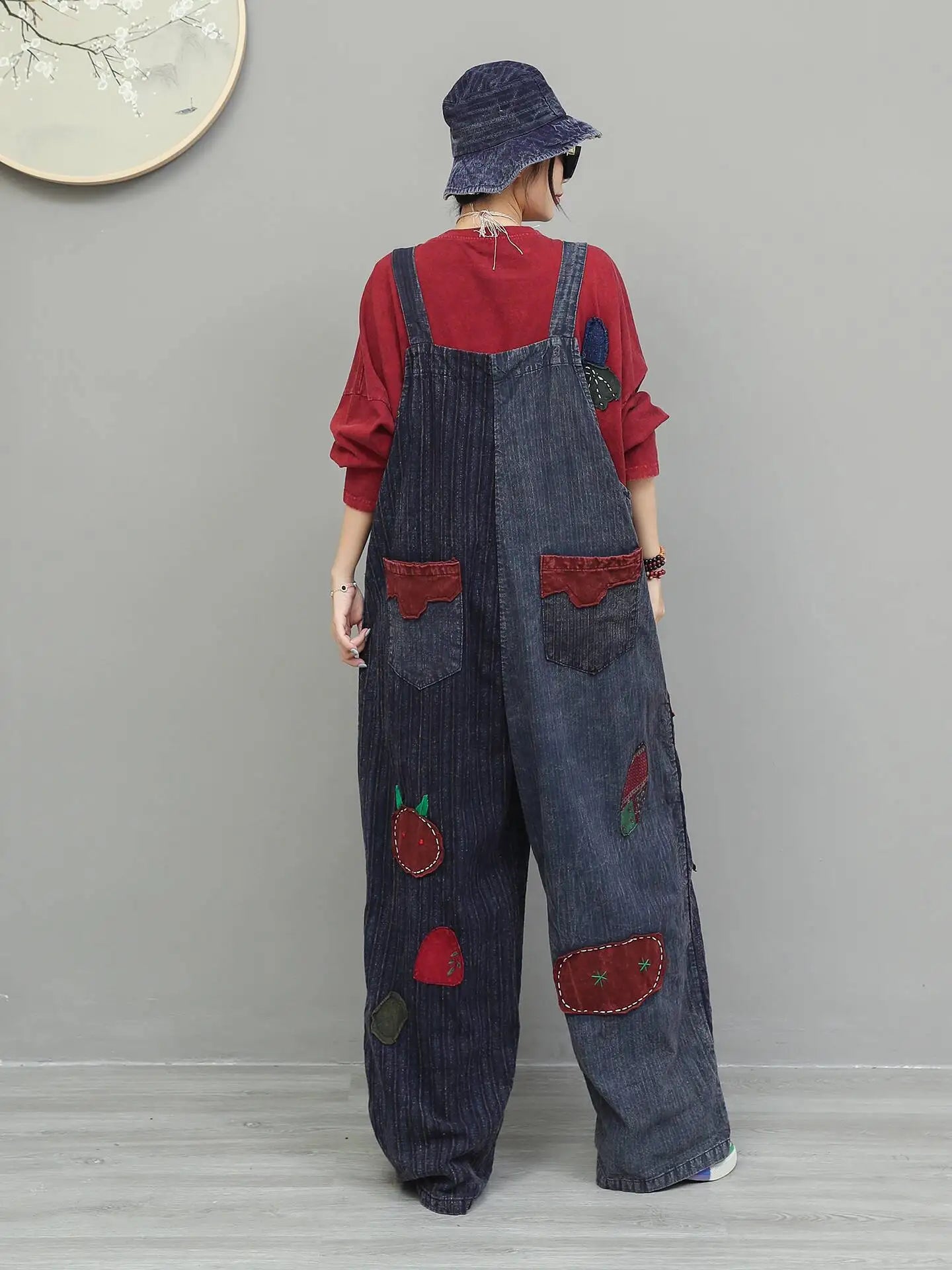 Hand Embroidery Old Cloth Patchwork Wide Leg Strap Long Pants Women Autumn Loose High Waist Jumpsuit LX4343 Badiee Stylez