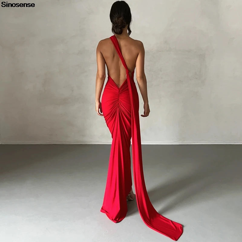 Womens Elegant Evening Party Cocktail Long Dress Sexy Backless Open Back Ruched Slim Bodycon Formal Wedding Guest Maxi Dress Badiee Stylez
