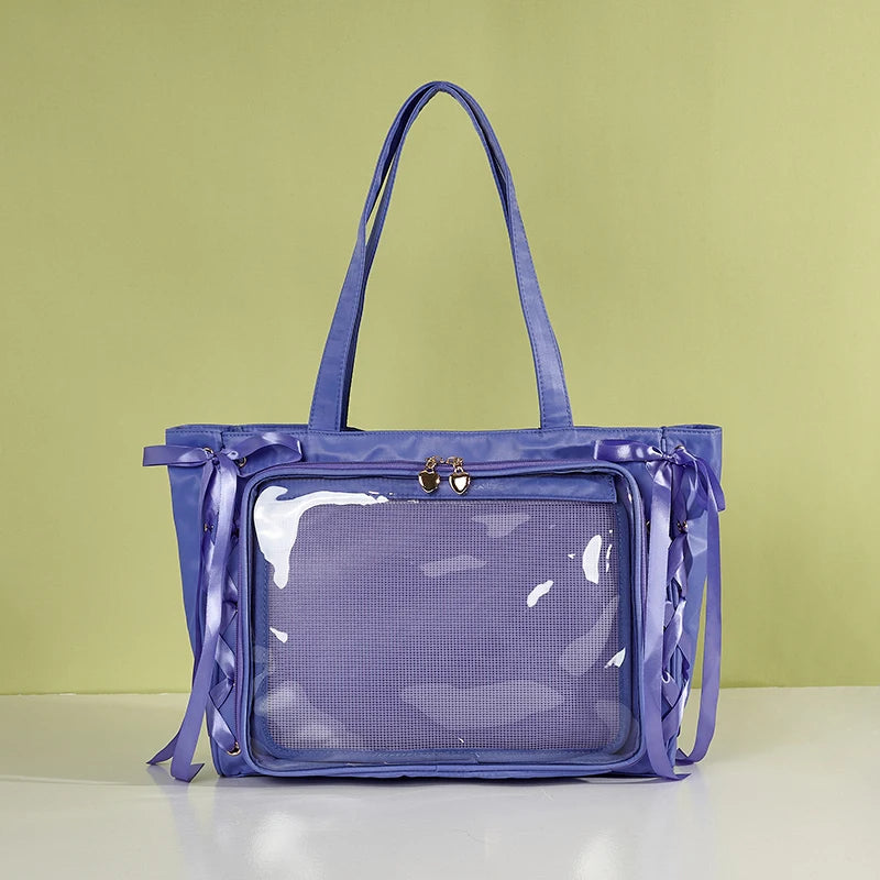 Japanese Large Capacity Satin Ribbon Ita Bag Sweet Girl Anime Transparent Tote Bag Lolita Shoulder Bags Clear Pvc Handbags Dark Purple