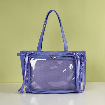 Japanese Large Capacity Satin Ribbon Ita Bag Sweet Girl Anime Transparent Tote Bag Lolita Shoulder Bags Clear Pvc Handbags Dark Purple