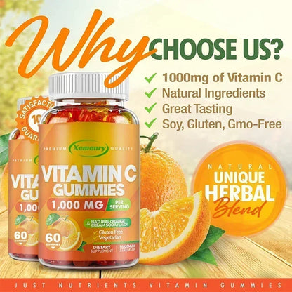 Premium Vitamin C Gummies - Promotes Collagen Production, Antioxidant, Support Skin Glow, Heart Support, Immune