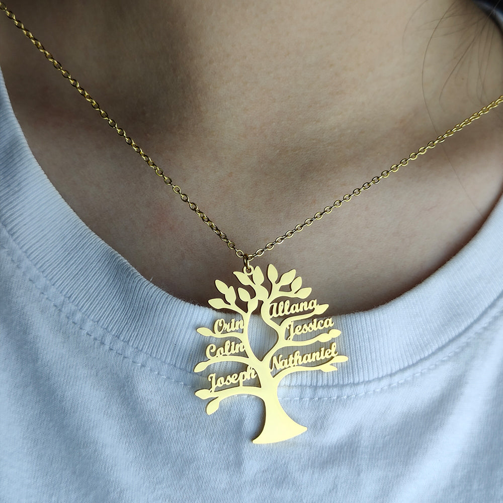 Custom Tree Of Life Name Necklace Personalized Mother Kids Family Member Names Gold Stainless Steel Pendant choker Jewelry Gifts Badiee Stylez