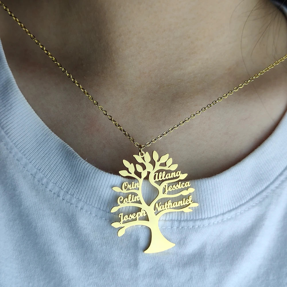 Custom Tree Of Life Name Necklace Personalized Mother Kids Family Member Names Gold Stainless Steel Pendant choker Jewelry Gifts Badiee Stylez