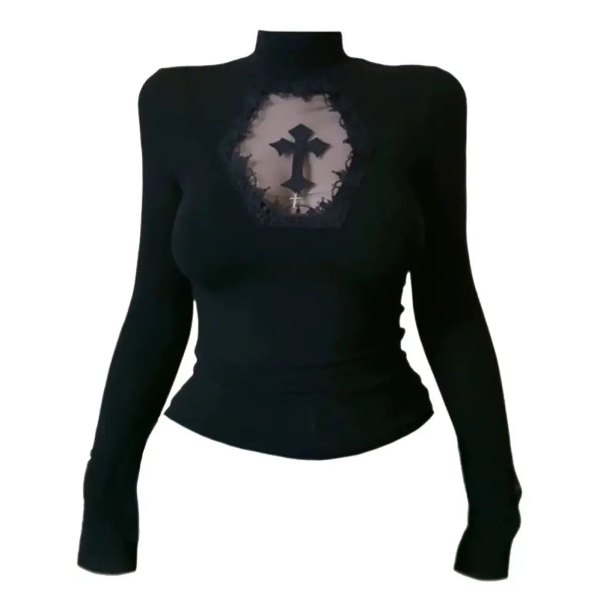 Sexy Woman Y2k Clothing Goth Cross Hollow Out Tshirt Slim Punk 2000s Hot Girl Lace Long Sleeves High Collar Harajuku Vintage Top Long sleeves