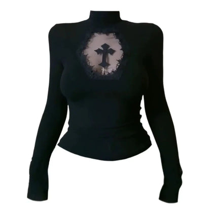 Sexy Woman Y2k Clothing Goth Cross Hollow Out Tshirt Slim Punk 2000s Hot Girl Lace Long Sleeves High Collar Harajuku Vintage Top Long sleeves