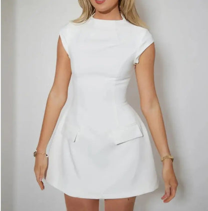 Elegant Slim Solid Mini Dress Women Summer Fashion O-neck Short Sleeve A-line Black Dresses Office Lady Chic Vestidos