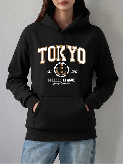 Tokyo College League Prints Hoodie Women Winter Fleece Warm Pullover Basics Pocket Sweatshirt Casual Comfortable Womans Clothes Black