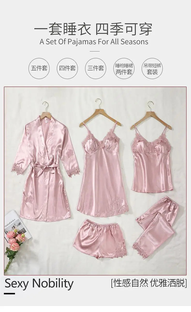 5PCS Women's Ice Silk Sexy Pajama Set Breathable Lace Satin Pajama Bathrobe Five Piece Set Casual Home Clothes Spring and Summer