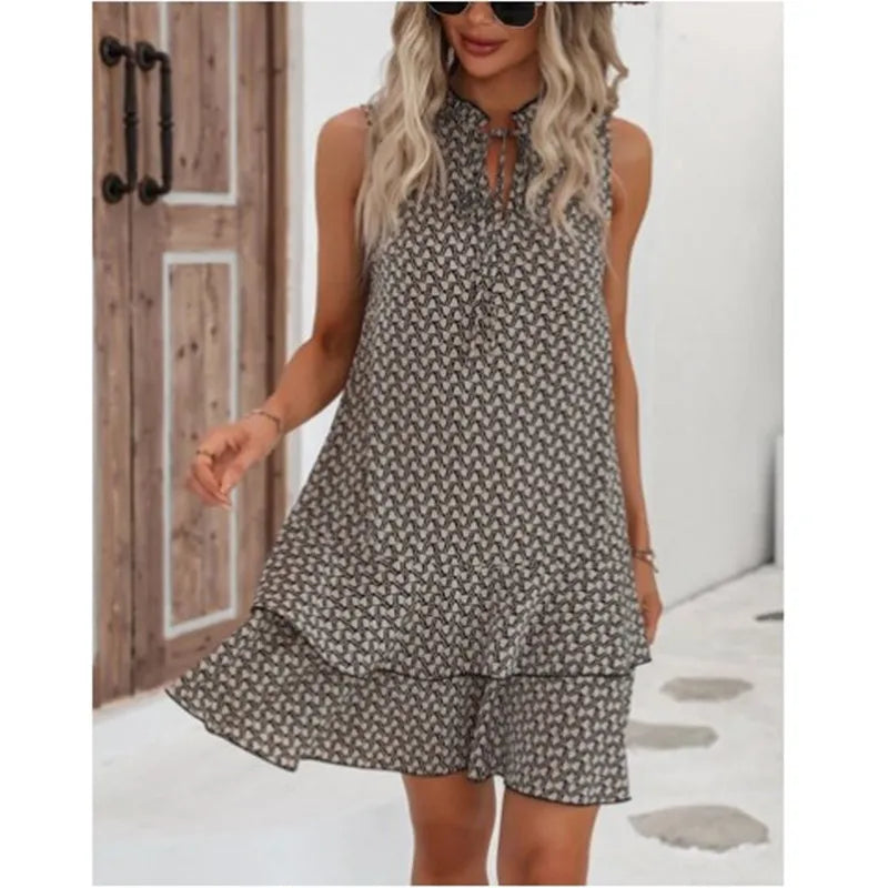 2025 Elegant Women's Casual Loose Ruffle Mini Dress Summer Bohemian Printed V-neck Lace-up Small Flying Sleeve Dresses For Women GRAY
