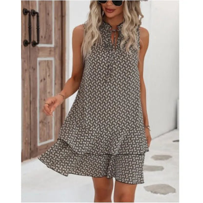 2025 Elegant Women's Casual Loose Ruffle Mini Dress Summer Bohemian Printed V-neck Lace-up Small Flying Sleeve Dresses For Women GRAY