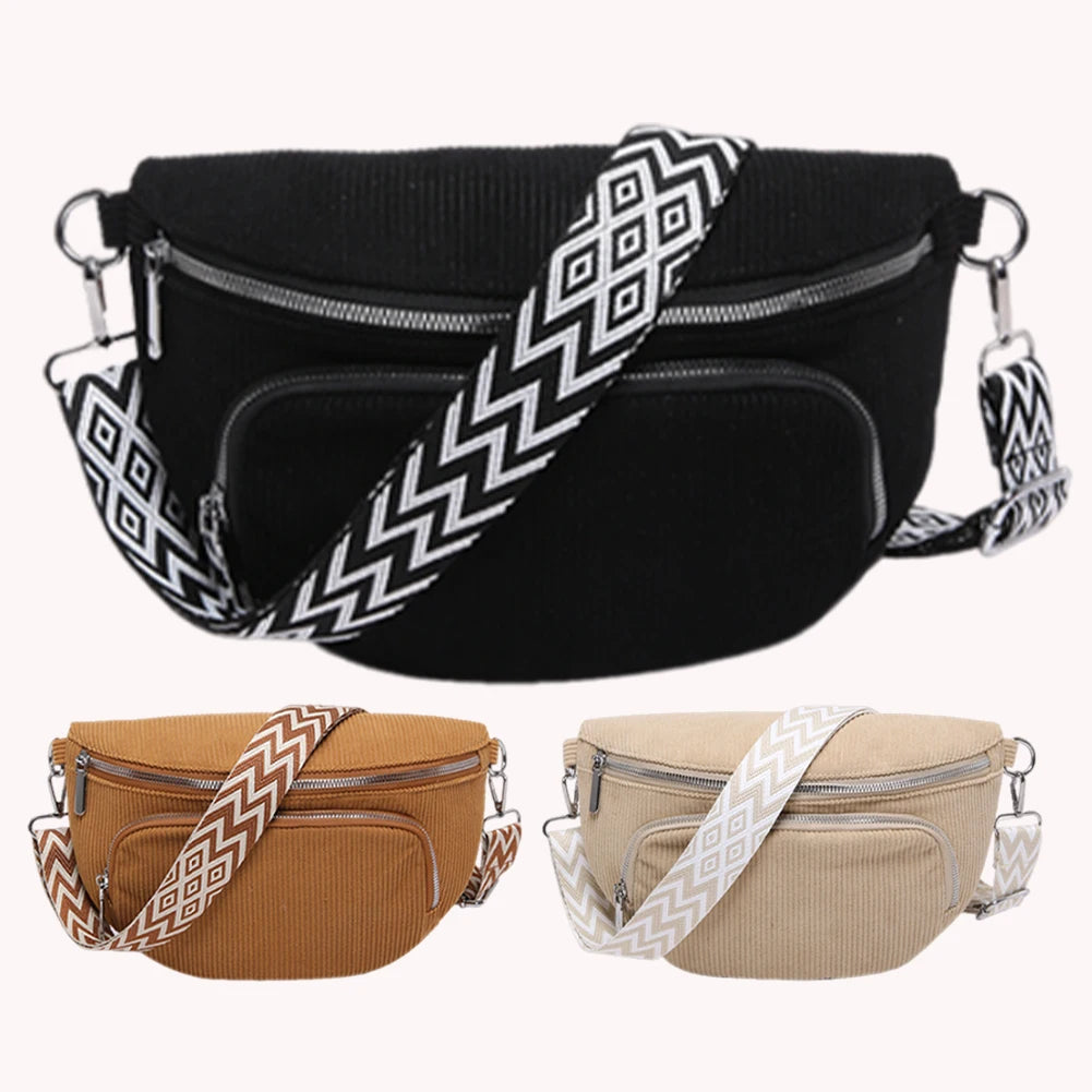 Corduroy Chest Bag Fashion Fanny Pack Wide Guitar Strap Casual Waist Bag Multi-pockets Hobo Sling Bag Outdoor Travel Bag