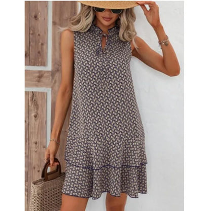 2025 Elegant Women's Casual Loose Ruffle Mini Dress Summer Bohemian Printed V-neck Lace-up Small Flying Sleeve Dresses For Women Blue