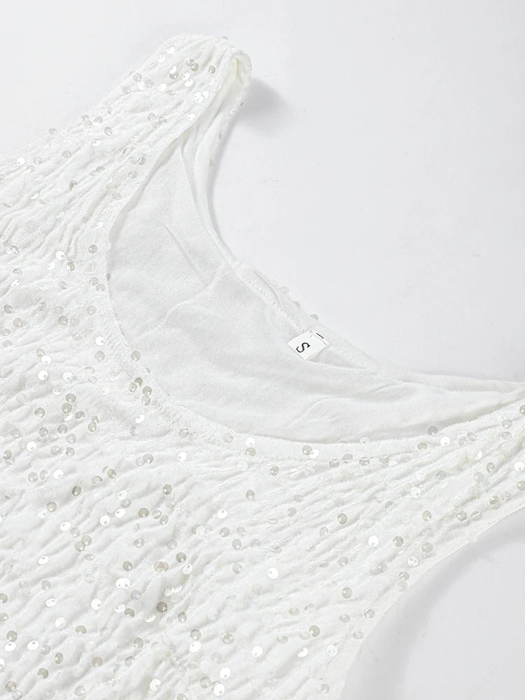 O-neck Vest Mini Skirt Suits Women Sexy sparkly Sequined Sleeveless Tank Tops With Bodycon Short Skirts Fashion Ladies Beachwear