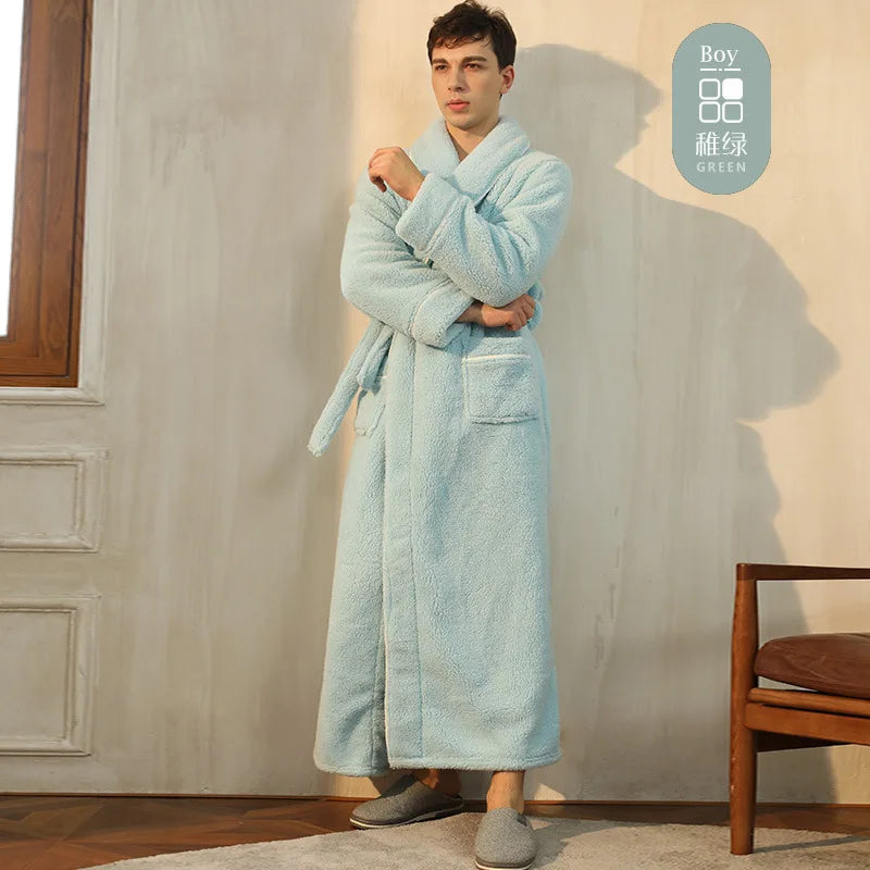 Men's Winter Bathrobe Long Sleeve Warm Turn Down Collar Man Fluffy Bath Robe With Sashes Solid Fleece Dressing Gown For Male Green male