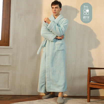 Men's Winter Bathrobe Long Sleeve Warm Turn Down Collar Man Fluffy Bath Robe With Sashes Solid Fleece Dressing Gown For Male Green male