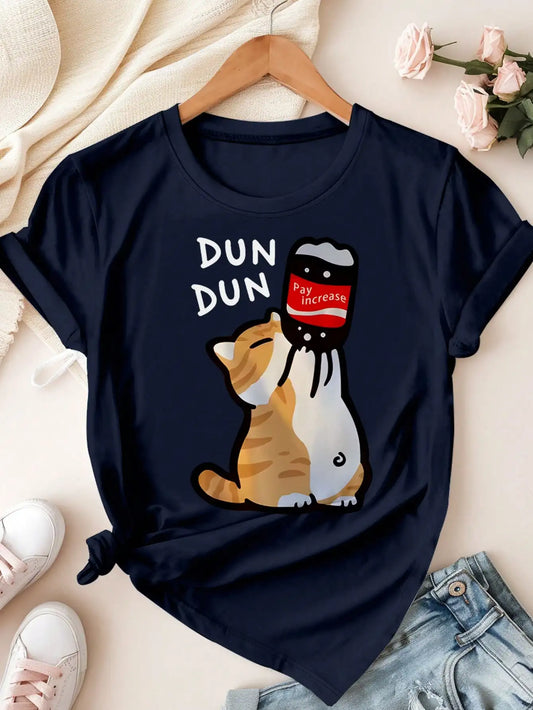 Plus Size Women's Round Neck Funny Cat with "Pay Increase" Cola Print Short Sleeved T-shirt Graphic Tees Women Tops Blue