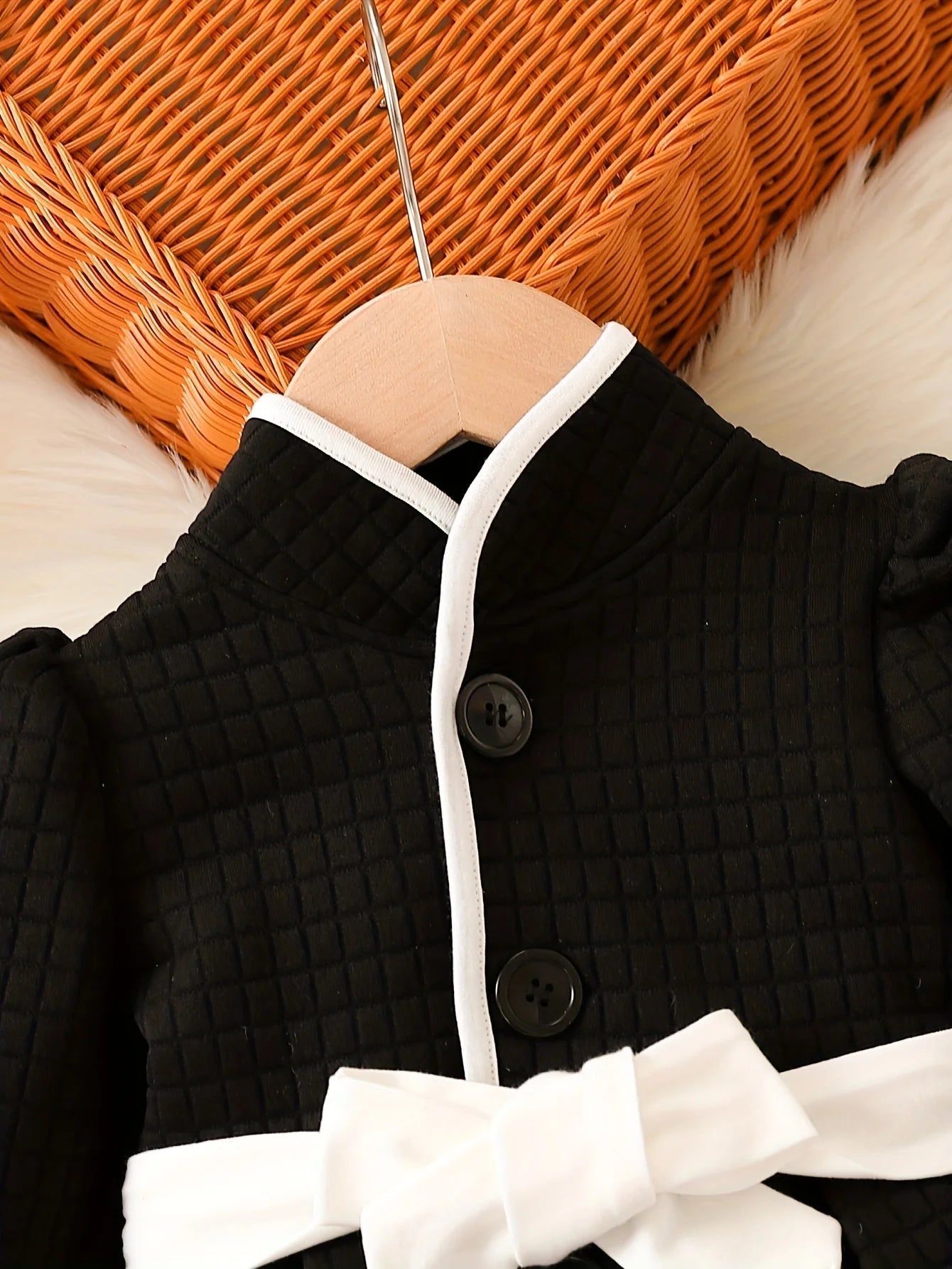 Baby Girls Fashion Autumn And Winter Thermal Belted Dress Set Princess Coat Classic Black And White Color Contrast Cardigan Badiee Stylez