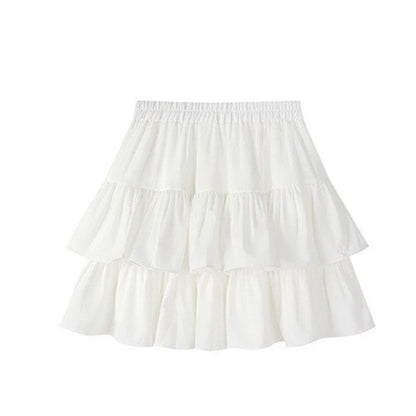 Pleated A-Line Skirt Women White Ruffle Sweet Tierred Pretty Style Skirt Elastic Waist Summer Slim Basic Korean Harajuku Dress WHITE