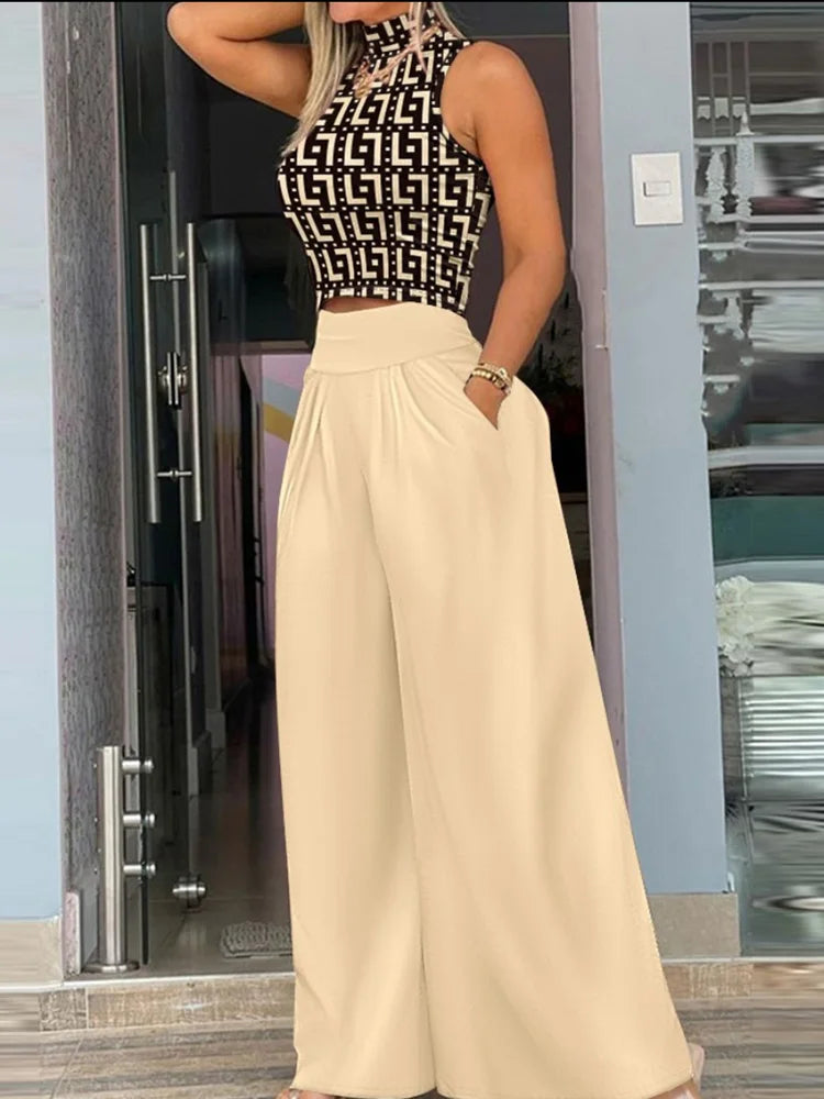 Plus Size Printing Two Piece Set Women Casual Solid Sleeveless Tank Top Wide Leg Pants Two Piece Set 2025 Fashion Clothing