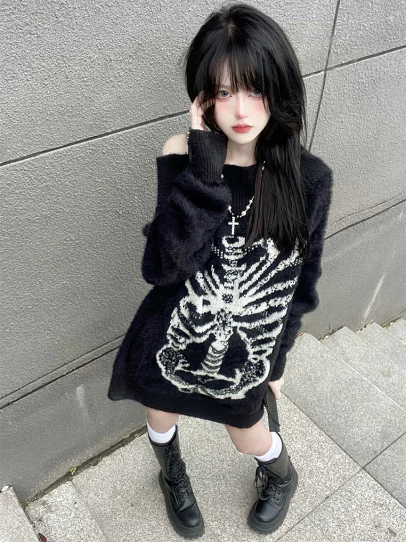 Goth Skull Print Harajuku Sweater Sweater Tops Aesthetic Women's Black Pullover Harajuku Fashion Streetwear Tops 2000