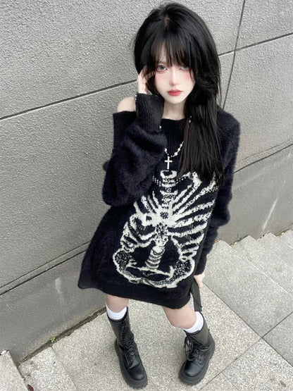 Goth Skull Print Harajuku Sweater Sweater Tops Aesthetic Women's Black Pullover Harajuku Fashion Streetwear Tops 2000