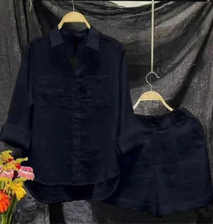 Fashion White Long Sleeve Shirt And Shorts Two Piece Sets Outfit Summer Cotton Linen Casual Home 2 Piece Set For Women Suits Badiee Stylez