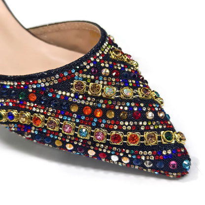2025 Luxurious Italian Women's Party Shoes & Bag Set – Elegant Golden Rhinestone Spring/Summer Sandals with Pointed High Heels f