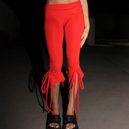 Vintage Tie-up Ruffles Hem Short Pants Y2k Knee Length Capri Trousers Women Folds Low Waist Skinny Pants Fashion High Street Badiee Stylez