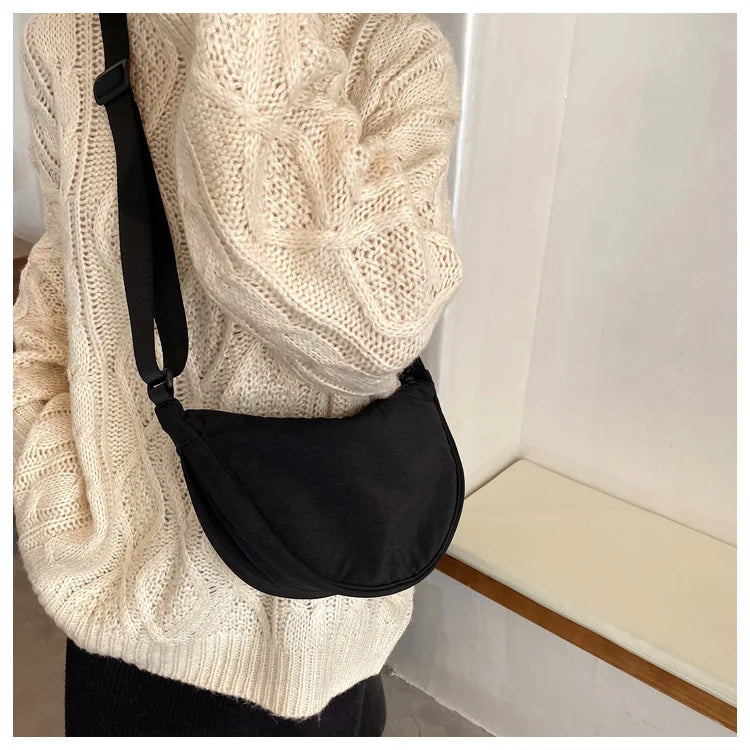 Solid Color Women's Portable Shoulder Bag Simple Female Nylon Cloth Padded Crossbody Bags Travel Purse Handbags Messenger Bag