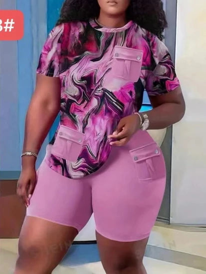 Two Piece Sets Women Short Pant Set Print Round Neck Casual Tops Sheath High Waist Shorts Pants Casual Slim Fit Summer purple