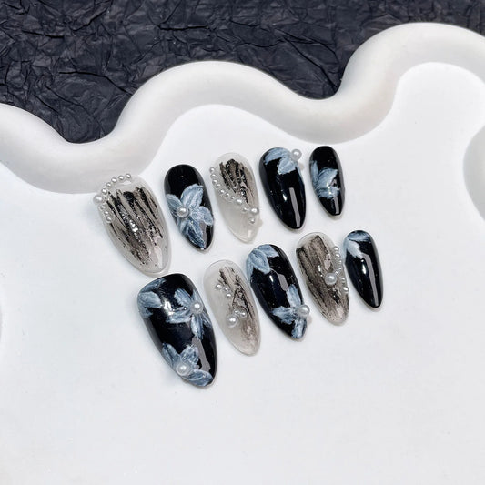 Handmade Press on Nails White Pearl Design Fake Nails with Flower Decor Wearable Detchable Fake Nails for Women DIY Manicure