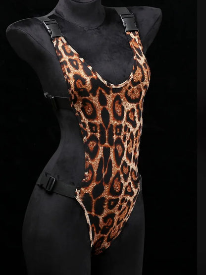 Exotic Summer Fashion Womens Clothing 2024 New Leopard Print Uniform Velvet Straightening Waist Exposed Sexy Tight jumpsuit LHNO
