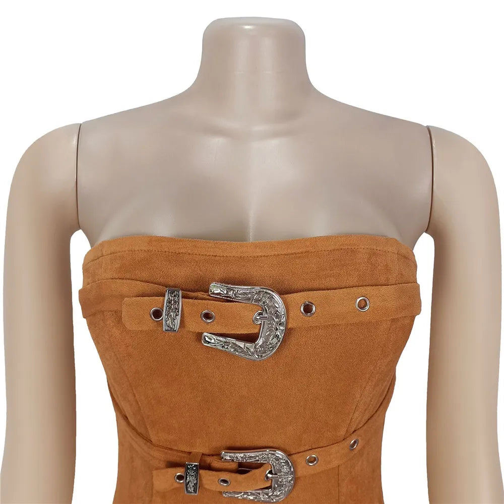 RLMABABY Sexy Strapless Tassel Bodycon Mini Dress Women Gown Slim Backless Sleeveless Metal Buckle Club Party Sheath Short Dress