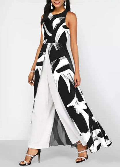 Women Summer Jumpsuit Milk Silk Patchwork Splicing Chiffon Slim Round Neck Sleeveless Jumpsuit Woman Vestidos YML00372 Badiee Stylez