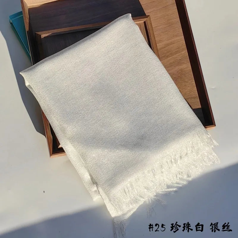 Lastest Brand Design Scarf Shiny Solid Color Shawls Rayon Fabric Gold Silk Silver Wire Head Shawl Fringe Hijab For Women 25