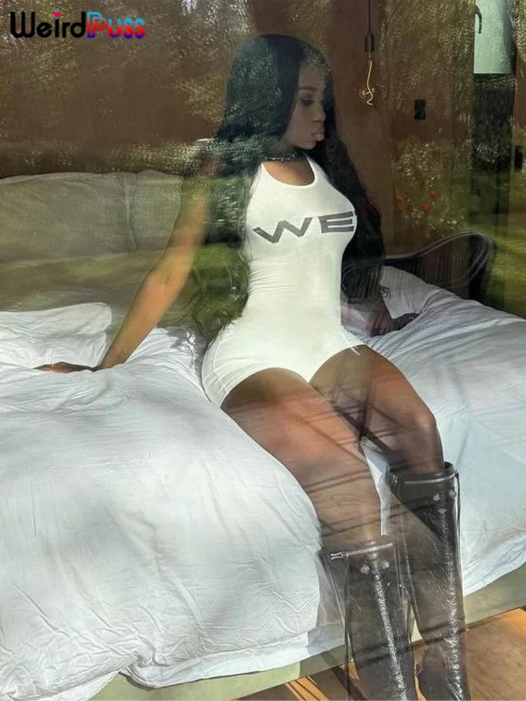 Weird Puss Letter Print Romper Women Low-Neck Sporty Casual Sleeveless Stretch Activity Skinny Playsuit Tight Short Overalls