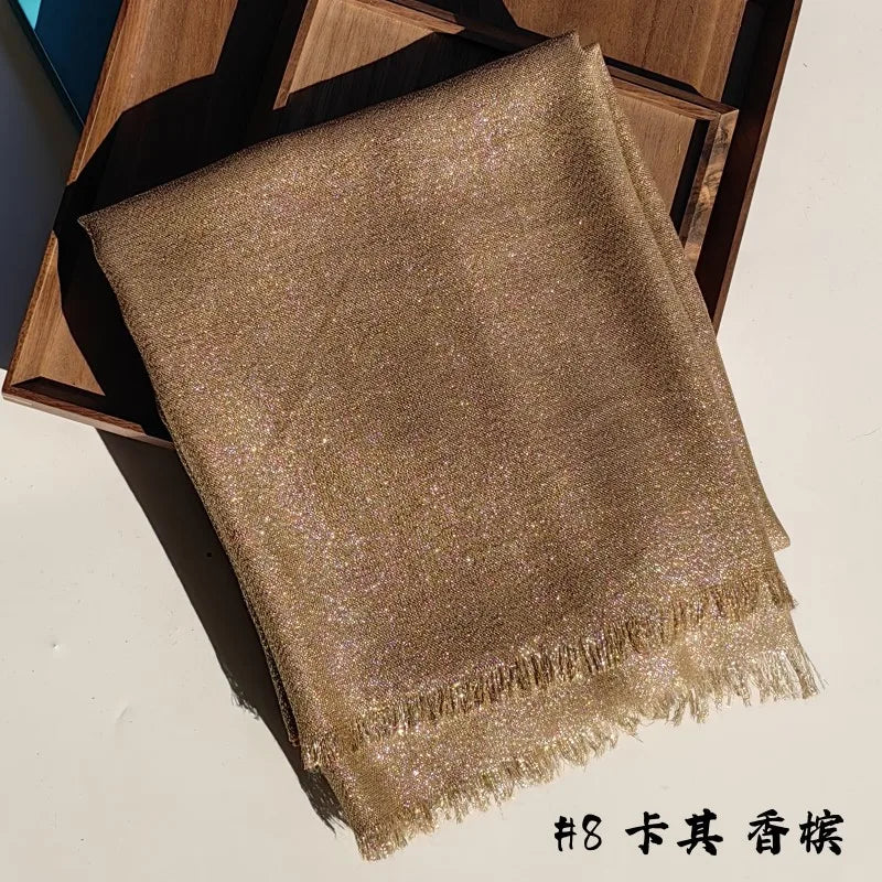 Lastest Brand Design Scarf Shiny Solid Color Shawls Rayon Fabric Gold Silk Silver Wire Head Shawl Fringe Hijab For Women 8