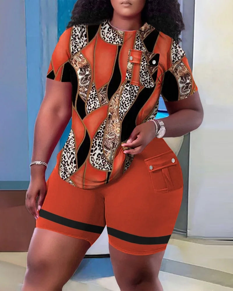 Women Two Piece Shorts Sets Solid Round Neck T Shirts Pockets Elastic Waist Short Trousers Suits Leisure Ladies 2025 Summer D