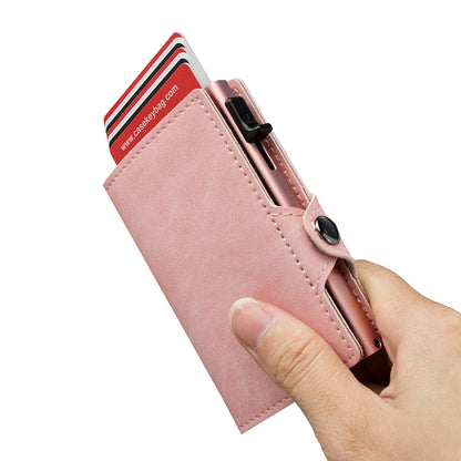 CASEKEY Pink Wallet Slim Minimalist Leather Pop UP Wallet Rfid Blocking Mini Aluminum Automatic Card Holder for Women Men