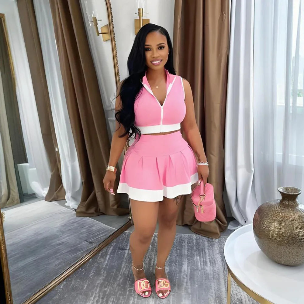 CM.YAYA Women's Set Sleeveless V-neck Vest + Pleated Skirts 2025 Summer Cute Street Beach Two 2 Piece Sets Outfits Tracksuit