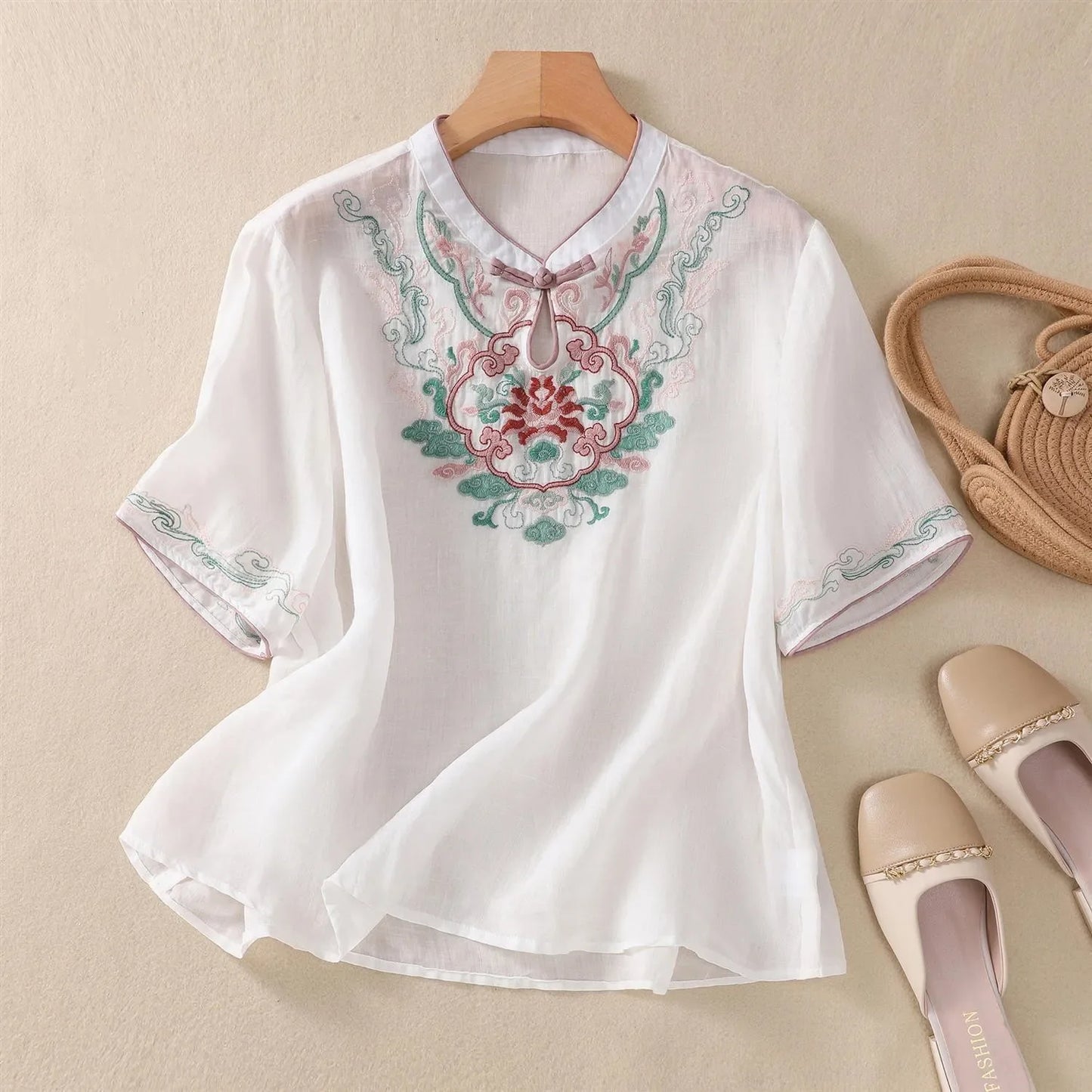 Thin Streetwear Vintage Clothes Ethnic Style Cotton Linen Shirts for Women Clothing Top Tshirt Tees Fashion Casual Embroidery white-C