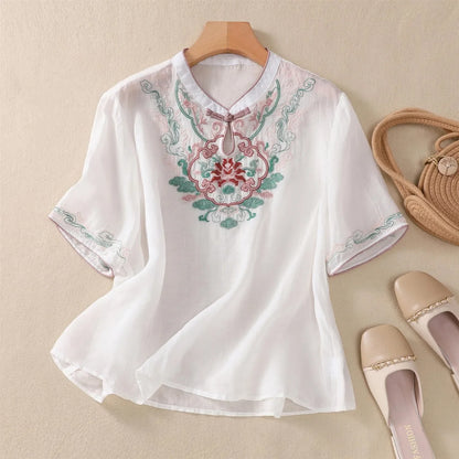Thin Streetwear Vintage Clothes Ethnic Style Cotton Linen Shirts for Women Clothing Top Tshirt Tees Fashion Casual Embroidery white-C