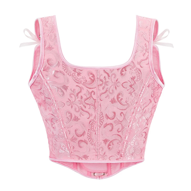 Blue Jacquard Corset Sexy Shoulder Straps Overbust Bustiers Crop Top Lace Up Brocade Vest Lingerie Gothic For Women Outfit