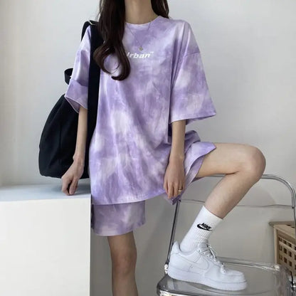 Women Summer 2024 New Fashion Cool Tie Dye Two-Piece Set Leisure And Comfortable Loose Elastic Waist Shorts Set
