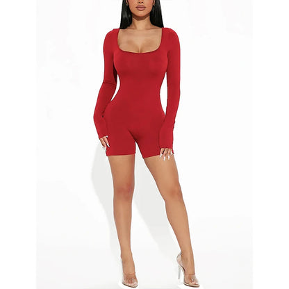 2025 Spring and Summer New Fashion Women's Long Sleeve Jumpsuit Shorts  Long Sleeve Sexy Slim Jumpsuit U Neck Jumpsuit Badiee Stylez