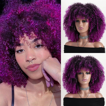 16 Inch Afro Kinky Curly Hair Wigs With Bangs Soft Fluffy Synthetic Fiber None Lace Wigs For Party Cosplay Daily Use Badiee Stylez
