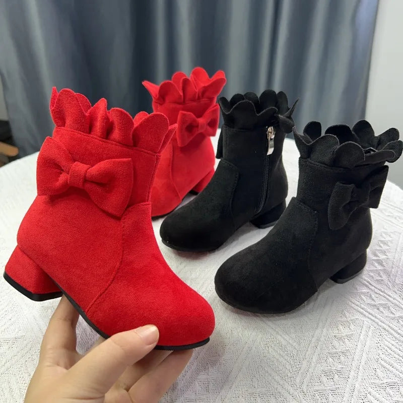 Spring Autumn Bow Girls Fashion Toddler Boots PU Leather Low Heel Kids Princess Boots Party Zip Children Ankle Baby Girl Shoes